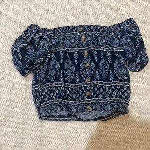 Off the shoulder button style blue pattern top